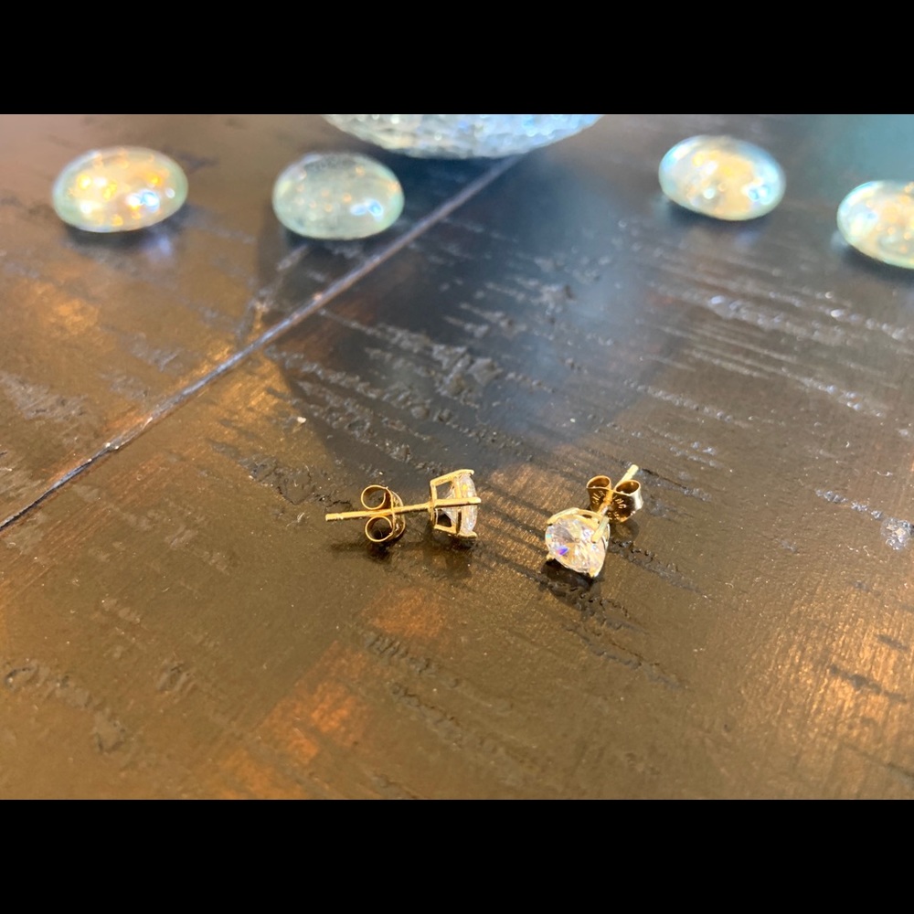 Gold CZ Stud Earrings- Sterling Silver - Picture 6 of 8